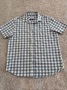 Bruno Milano Mens Stretch Short-Sleeve Check Button-Up Shirt in Gray & Cream, XL
